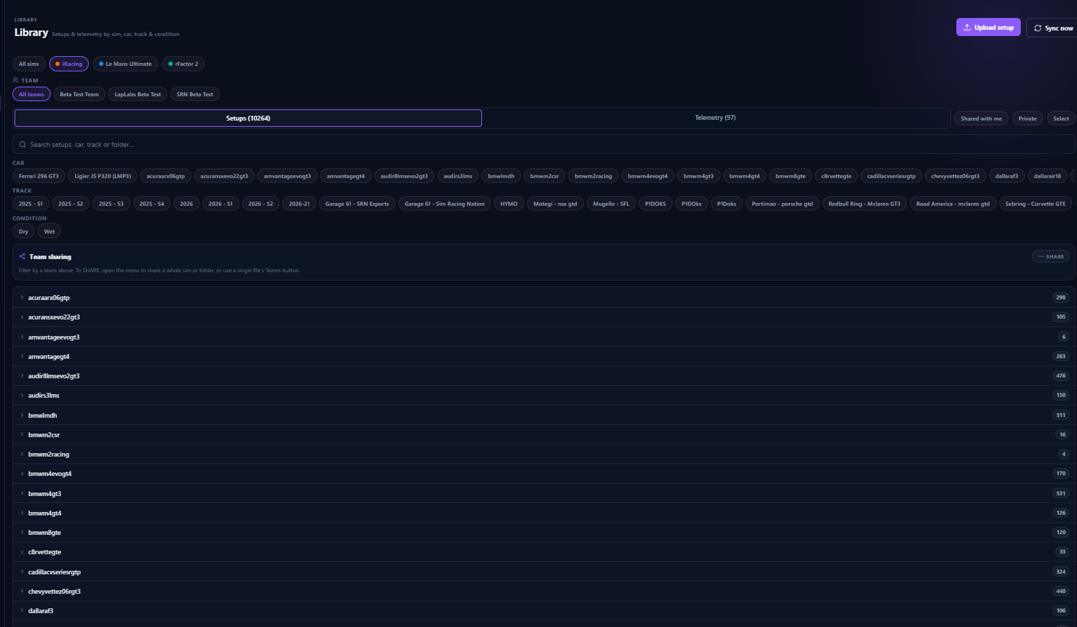 Library — setups and telemetry organized by sim, car, track and condition, with team sharing