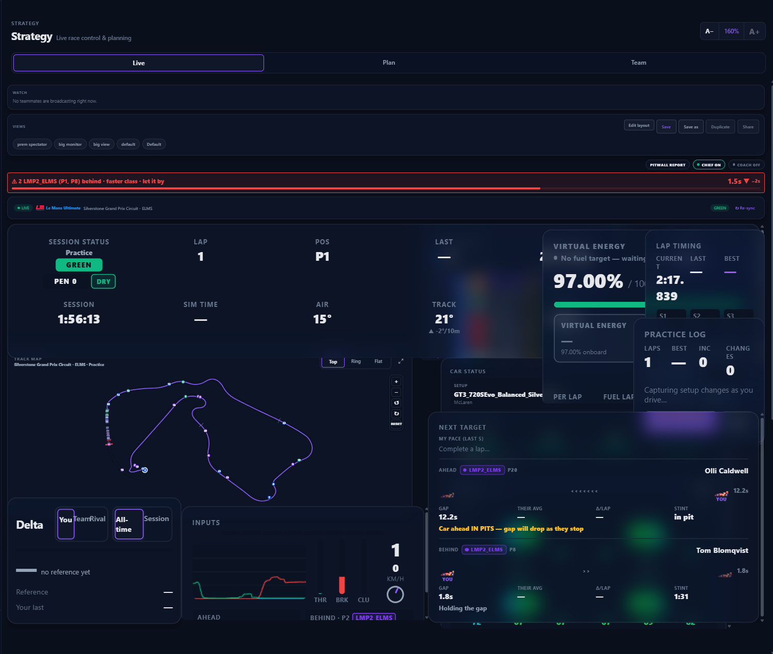 Click to enlarge Sim Control Live race-control dashboard — status strip, track map, delta, inputs, fuel & Virtual Energy, lap timing, car status and Next Target, all live