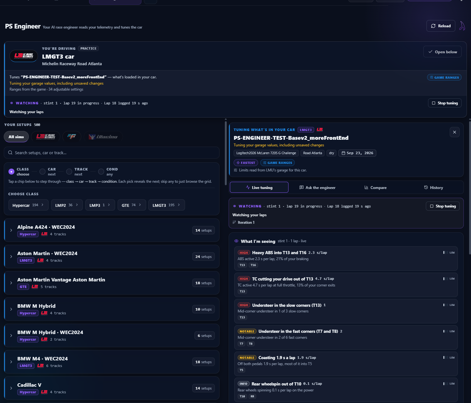 PS Engineer live tuning — the AI reading the driver’s telemetry (heavy ABS, TC cutting the drive, understeer in the slow corners) and proposing per-corner setup changes
