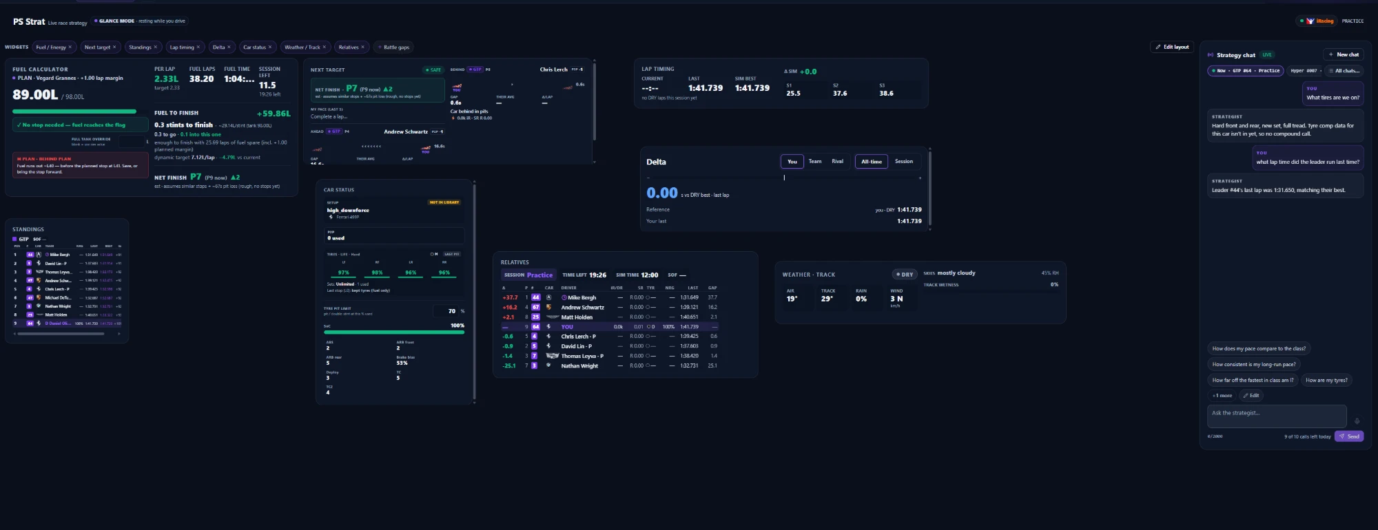 The PS Strat board — fuel & Virtual Energy, next target, standings, lap timing, delta, car status, weather and relatives, all live — with the strategist chat alongside